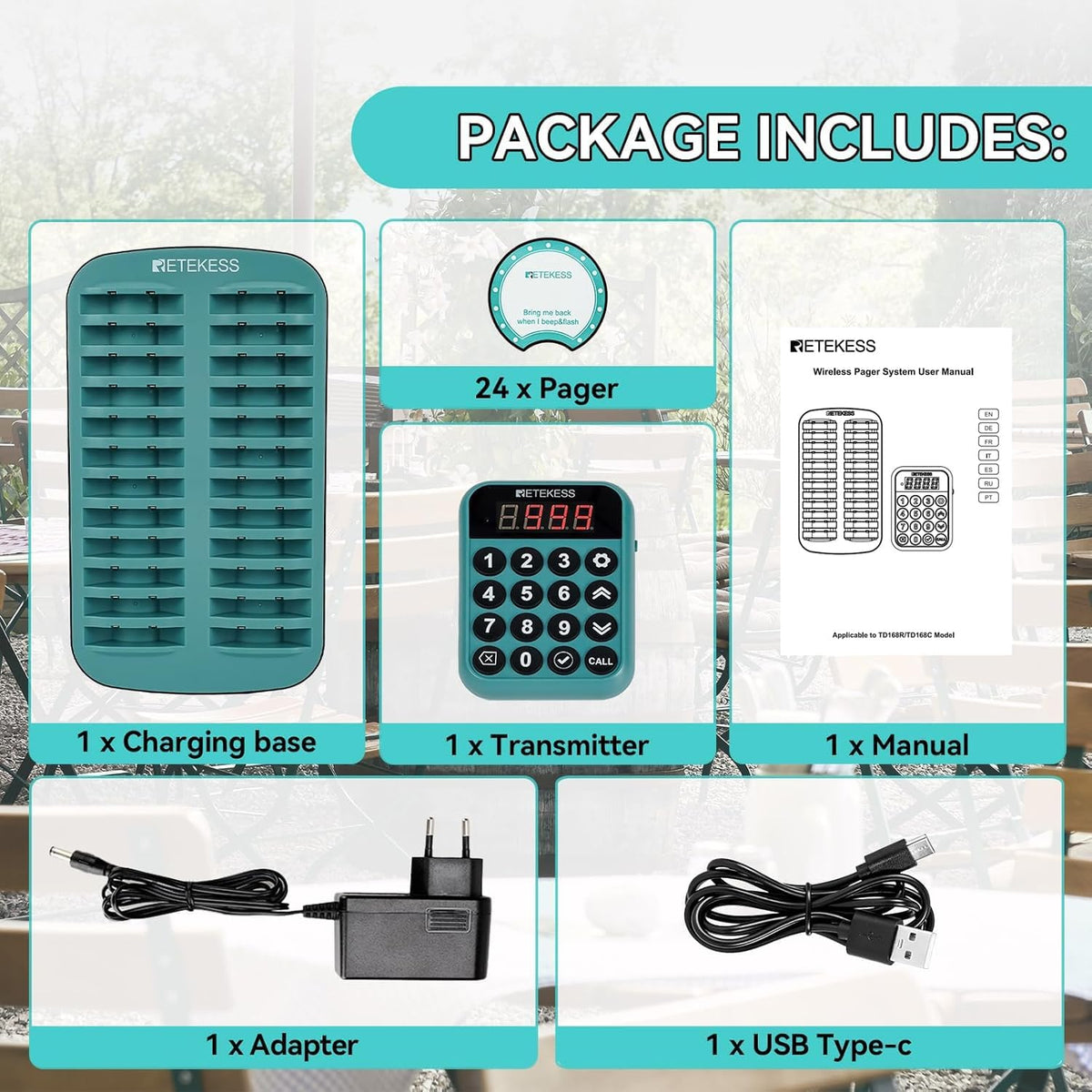 Retekess TD168R Restaurant Pager System, Restaurant Buzzers, 400M, Outdoor Range Alarm, 7 Call Modes, Service Countdown Time, Pagers for Restaurant, Bar - QUORE