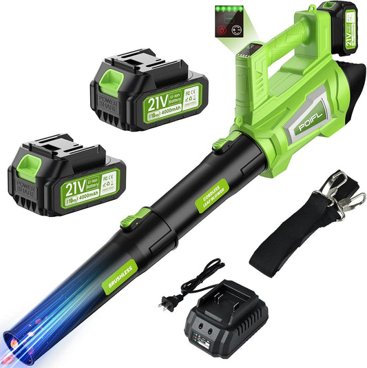 POLIF bladblazer, maximale windsnelheid 245 km/u, elektrische bladblazer met 6 versnellingen en 2 x 4,0 Ah accu's & LED-display voor tuin, bladeren, stof en sneeuw