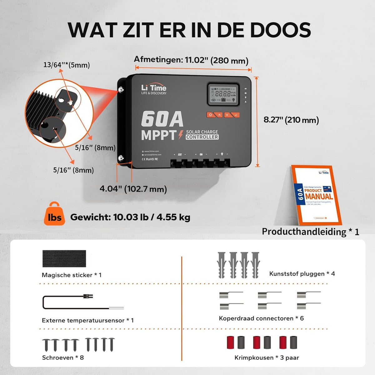 LiTime MPPT zonneregelaar, 60 A, 12 V/24 V/36 V/48 V, max. 3200 W, automatische DC-ingang met bluetooth-adapter, instelbaar lcd-display, led-indicatoren, voor lithiumbatterij