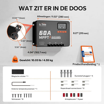 LiTime MPPT zonneregelaar, 60 A, 12 V/24 V/36 V/48 V, max. 3200 W, automatische DC-ingang met bluetooth-adapter, instelbaar lcd-display, led-indicatoren, voor lithiumbatterij