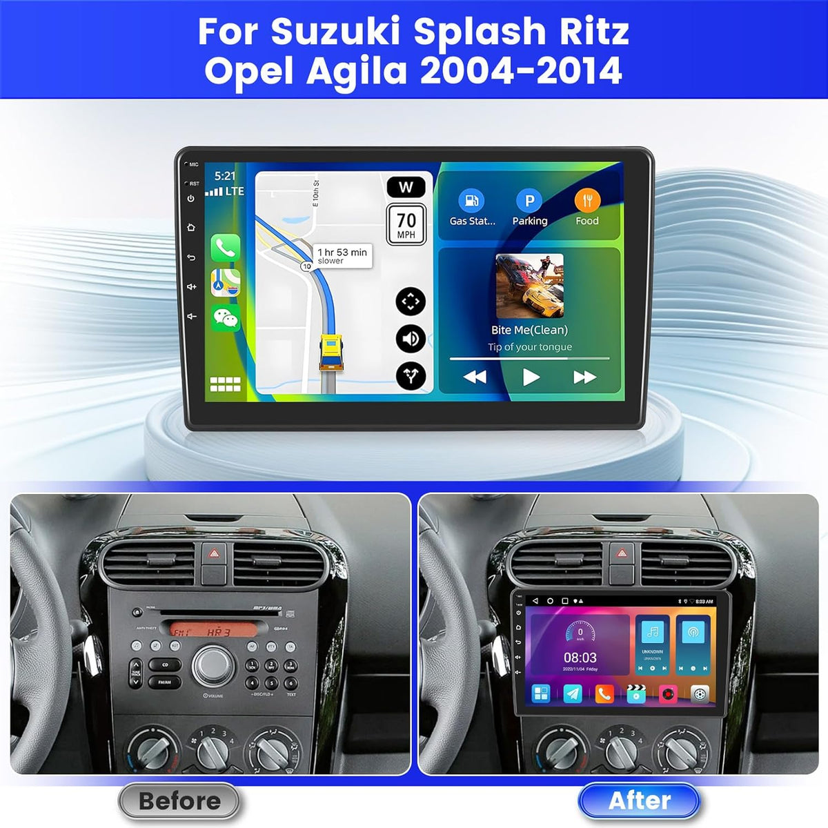 2+64G Radio voor Suzuki Splash Ritz/Opel Agila 2004-2014 Android met Wireless CarPlay Android Auto, 9 Inch Autoradio Bluetooth WIFI 26UI GPS FM EQ SWC AHD Achteruitrijcamera