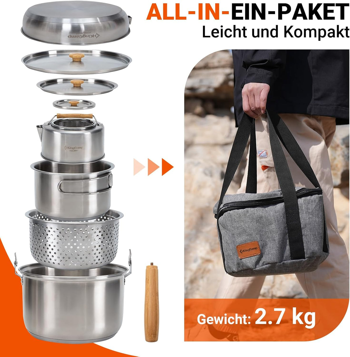 KingCamp Camping Cooker Set Stainless Steel Camping Pan Set Camping Pot Set for Camping Stove - QUORE