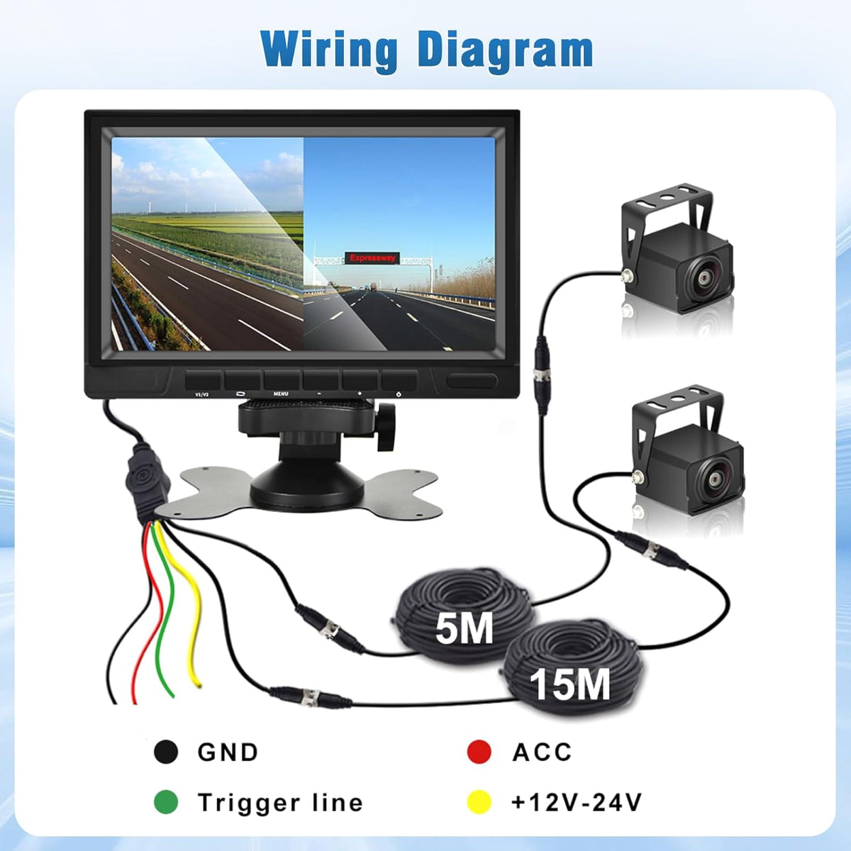 Achteruitrijcamerasysteem met dubbele achteruitrijcamera, 7 inch monitor 2 split-beeldscherm, waterdicht, nachtzicht HD, achteruitrijcamera's auto voor vrachtwagen, camper, trailer, auto, 12 V