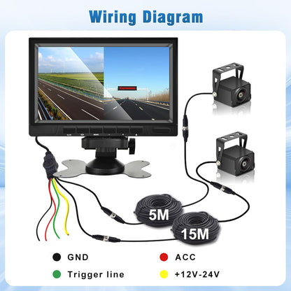 Achteruitrijcamerasysteem met dubbele achteruitrijcamera, 7 inch monitor 2 split-beeldscherm, waterdicht, nachtzicht HD, achteruitrijcamera's auto voor vrachtwagen, camper, trailer, auto, 12 V