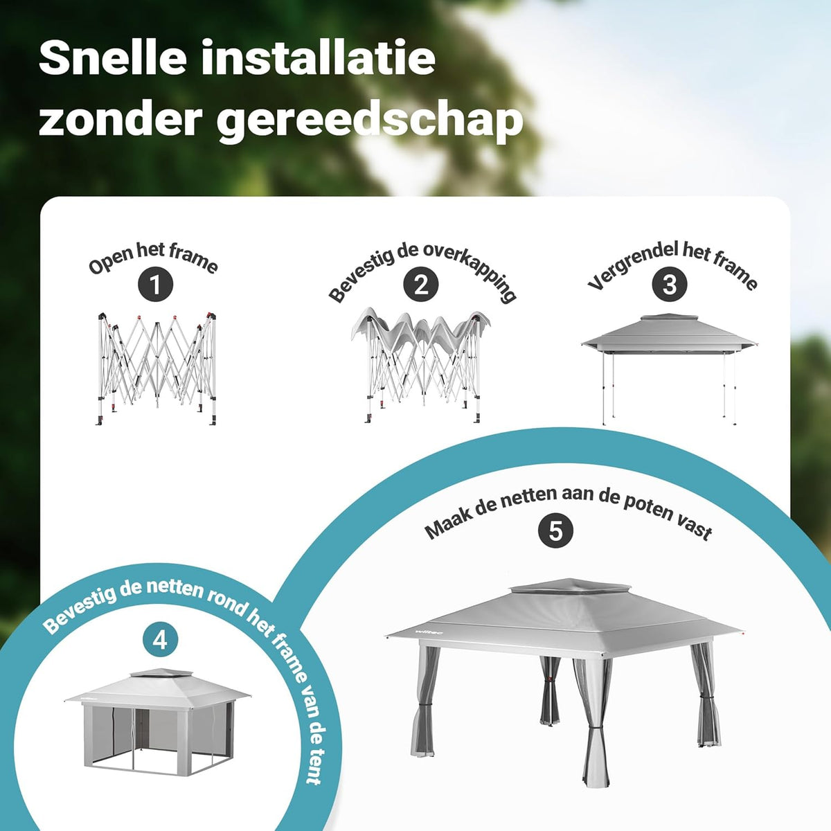 Wiltec opvouwbaar paviljoen partytent met muggennet tuinpaviljoen lichtgrijs 4 x 4 m
