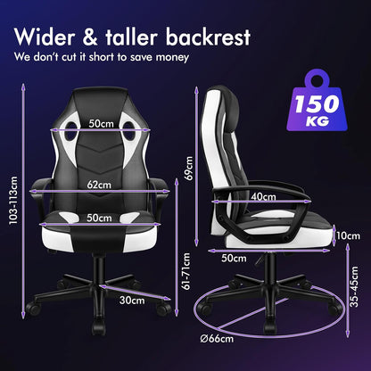 ALFORDSON Gamingstoel, PC-computer racestoel, ergonomische draaibare bureaustoel met wielen, gemaakt van PU-leer en stof, wit, voor thuisgebruik, wit