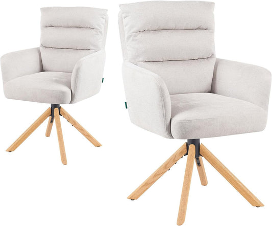 360° Draaibare Eetkamerstoel – Draaistoel – Stoel Met Armleuning – Zithoekstoel – Design Eetstoel – Crème Kleur – Natuurlijk Eikenhout Frame – Reset-functie