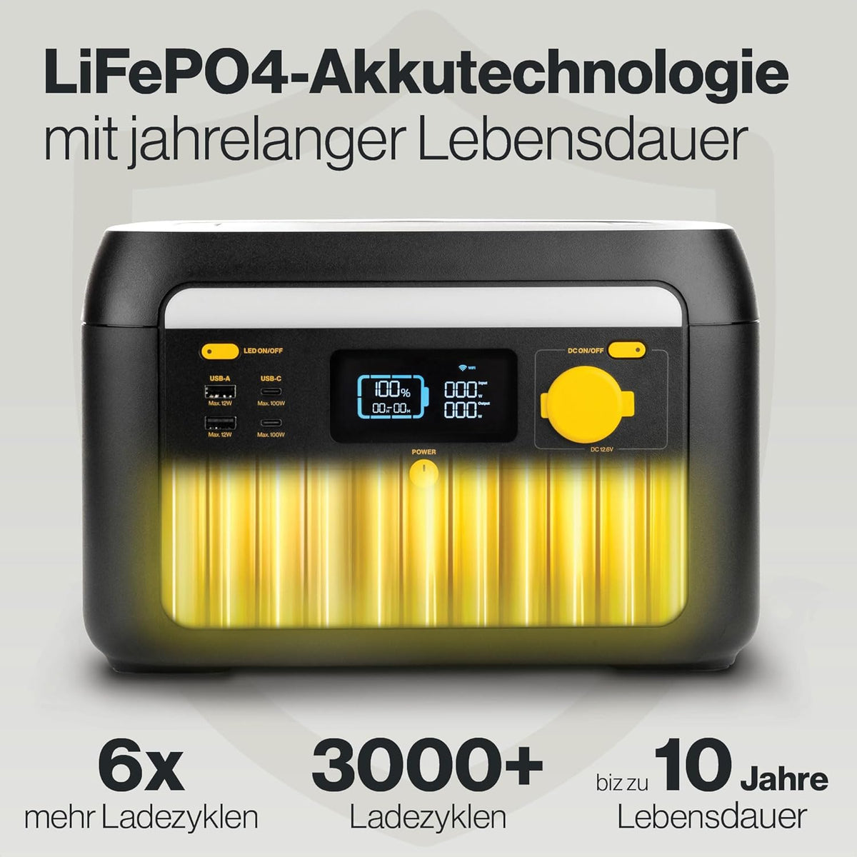 Powerstation 614Wh 1000W – Portable generator with LiFePO4, 2x AC (pure sine), USB-C/A, 12V, LED lamp, app control – Mobile power supply for camping & emergency power - QUORE