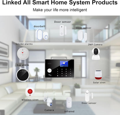 Draadloos thuisalarmsysteem, 6 stuks GSM SMS 2G WiFi compleet anti-diefstalalarmsysteem, sirene alarm met PIR, deurraamsensor, camera, afstandsbediening voor woning, gar
