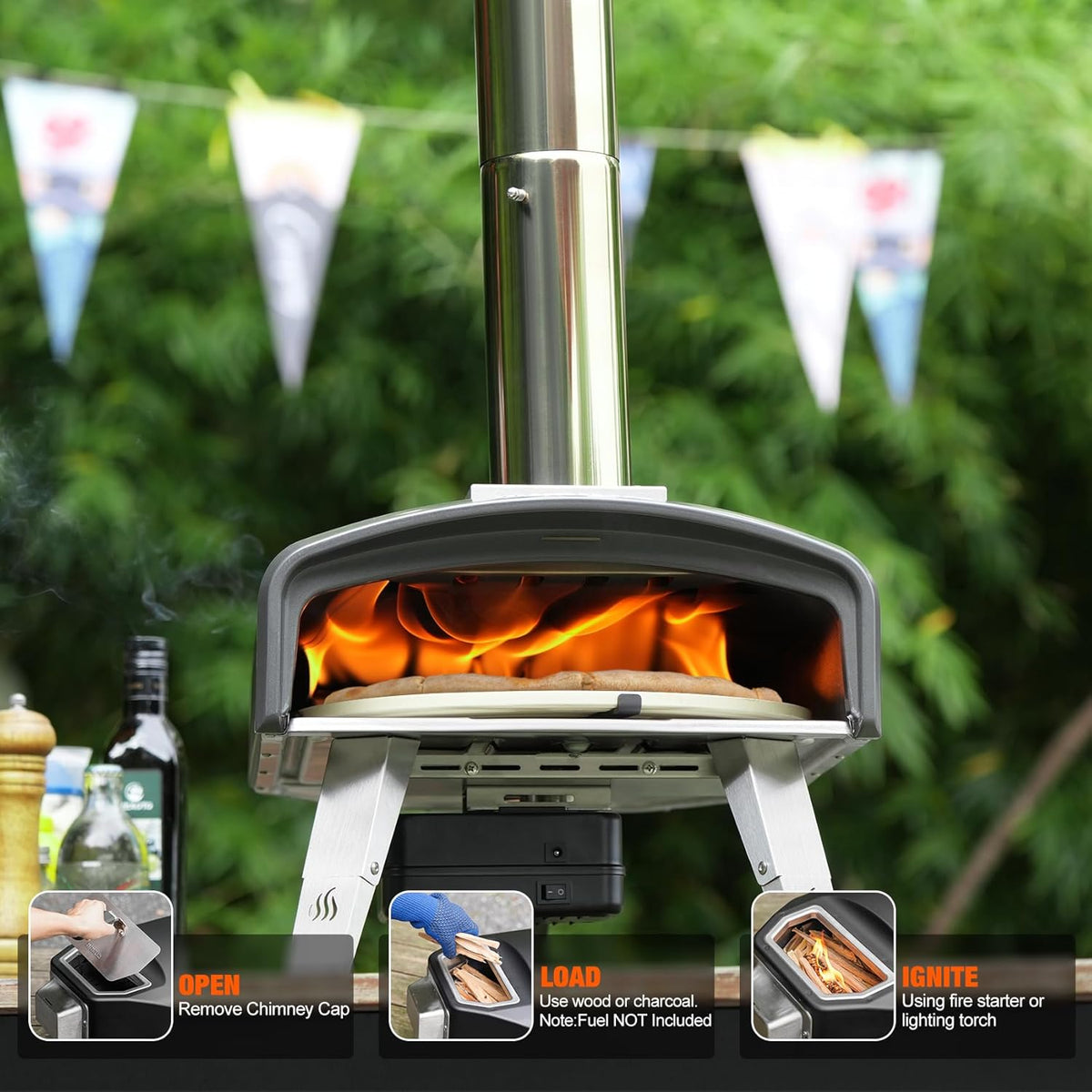 Mimiuo Pizzaoven met Roterende Functie en 33cm Rond Pizzasteen, Pizza-Houtkachel voor Houtskool en Brandhout, Outdoor Pizzaoven Voor Tuin, Camping, Draagbare Houtoven