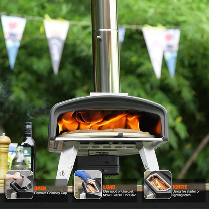 Mimiuo Pizzaoven met Roterende Functie en 33cm Rond Pizzasteen, Pizza-Houtkachel voor Houtskool en Brandhout, Outdoor Pizzaoven Voor Tuin, Camping, Draagbare Houtoven