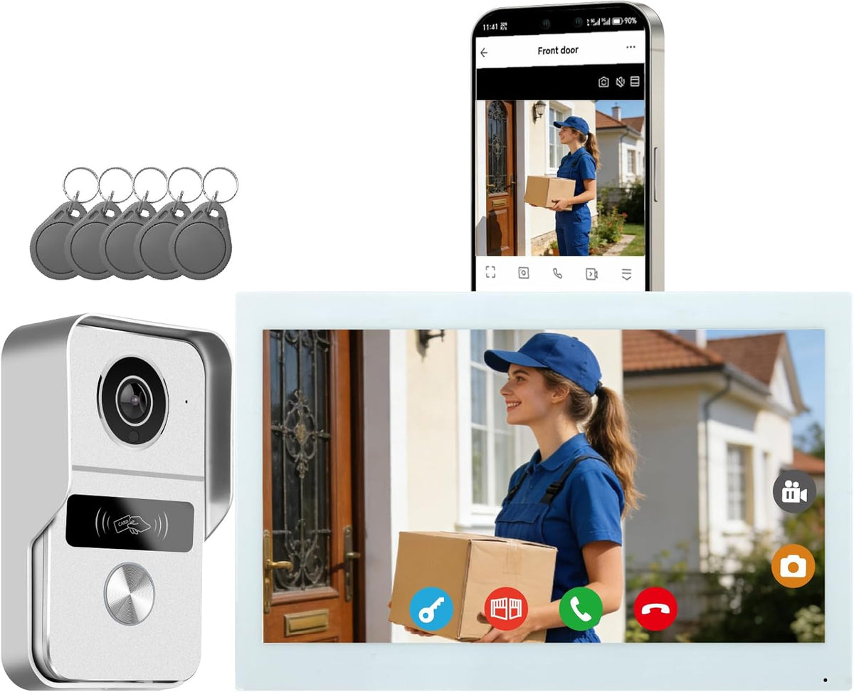 WiFi-video-intercom systeem 1080p, 10,1-inch kleuren touchscreen, 2-draads Videofoon Aangesloten, Tweerichtingsaudio, Ontgrendeling op Afstand, Afspelen, TuyaSmart