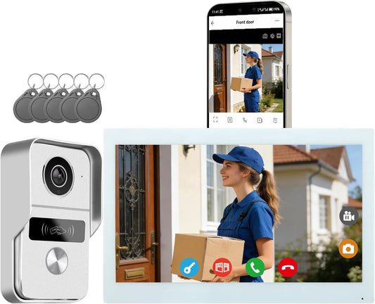 WiFi-video-intercom systeem 1080p, 10,1-inch kleuren touchscreen, 2-draads Videofoon Aangesloten, Tweerichtingsaudio, Ontgrendeling op Afstand, Afspelen, TuyaSmart