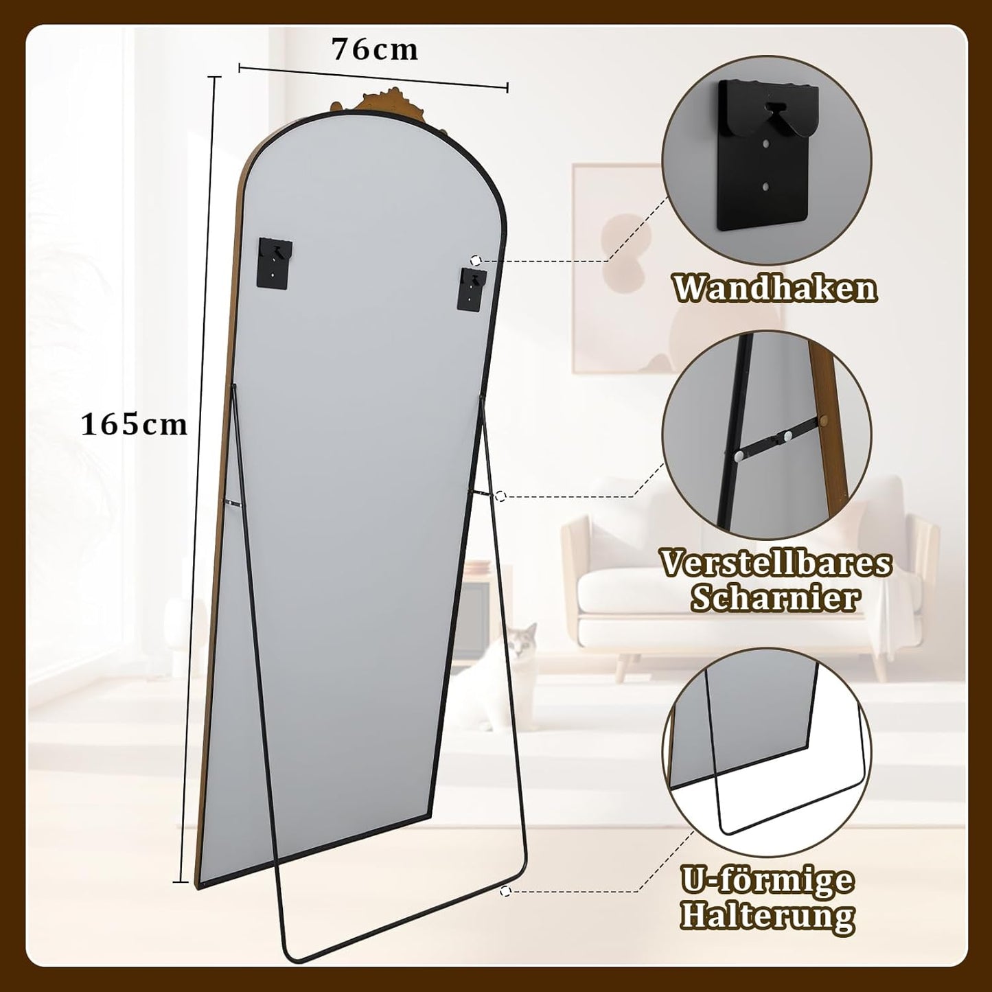 Vintage Gebogen Staande Spiegel – Full-Body Spiegel – Vloerspiegel – Grote Spiegel – Wandspiegel – Aluminium Frame – Gehard Glas – 76 x 165 cm – Retro Gravures