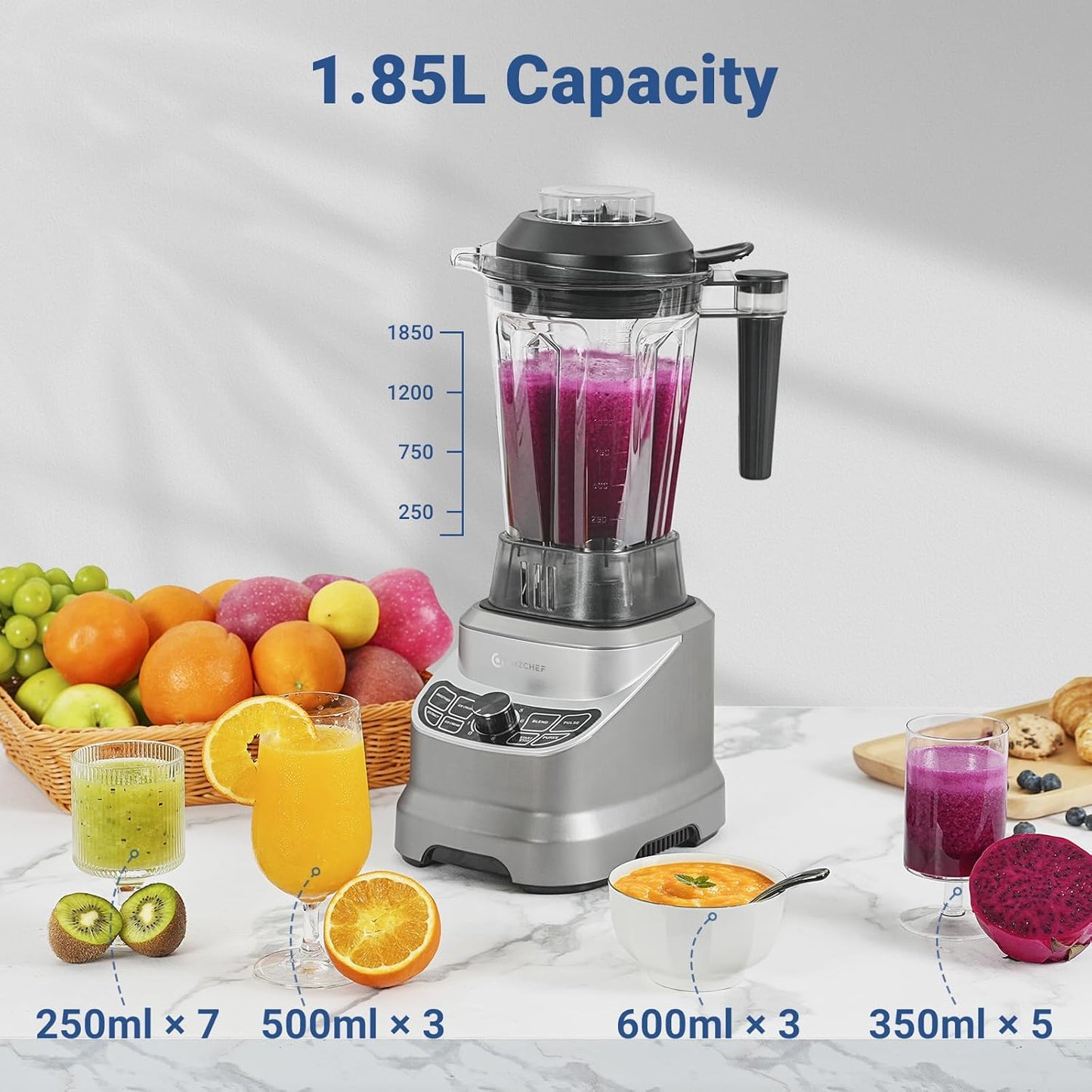 AMZCHEF Professionele blender met 8 instelbare snelheden, 1800 W mixer krachtige mixer voor de keuken, blender van 1,85 l voor shakes, smoothies, ijscrushen, bevroren vruchten