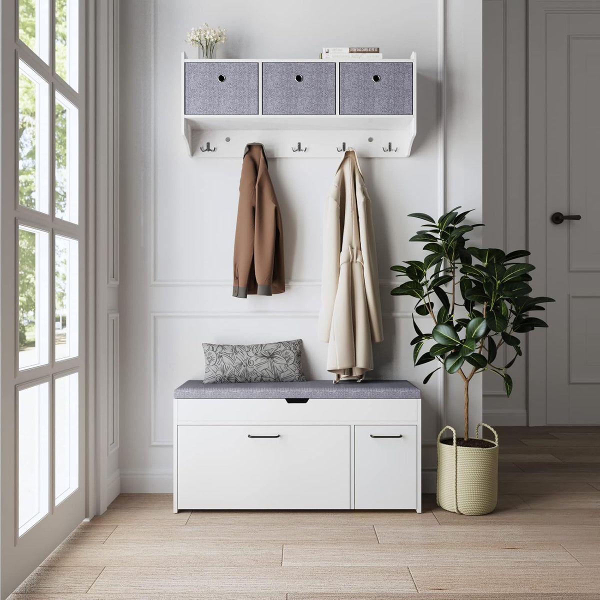 Meerveil Shoe Bench with Seat, Shoe Bench with Storage Space and Folding Drawer, Wooden Industrial Style for Hallway, 100 x 52 x 30 cm (W x H x D), White - QUORE