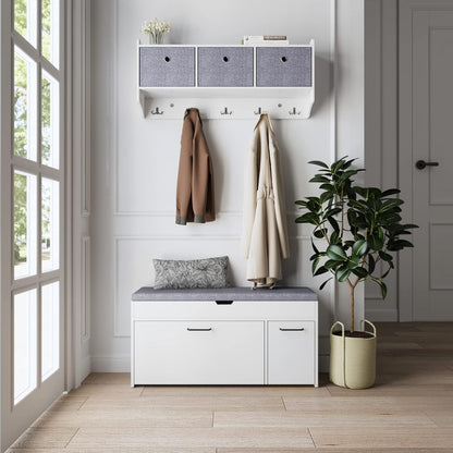 Meerveil Shoe Bench with Seat, Shoe Bench with Storage Space and Folding Drawer, Wooden Industrial Style for Hallway, 100 x 52 x 30 cm (W x H x D), White - QUORE