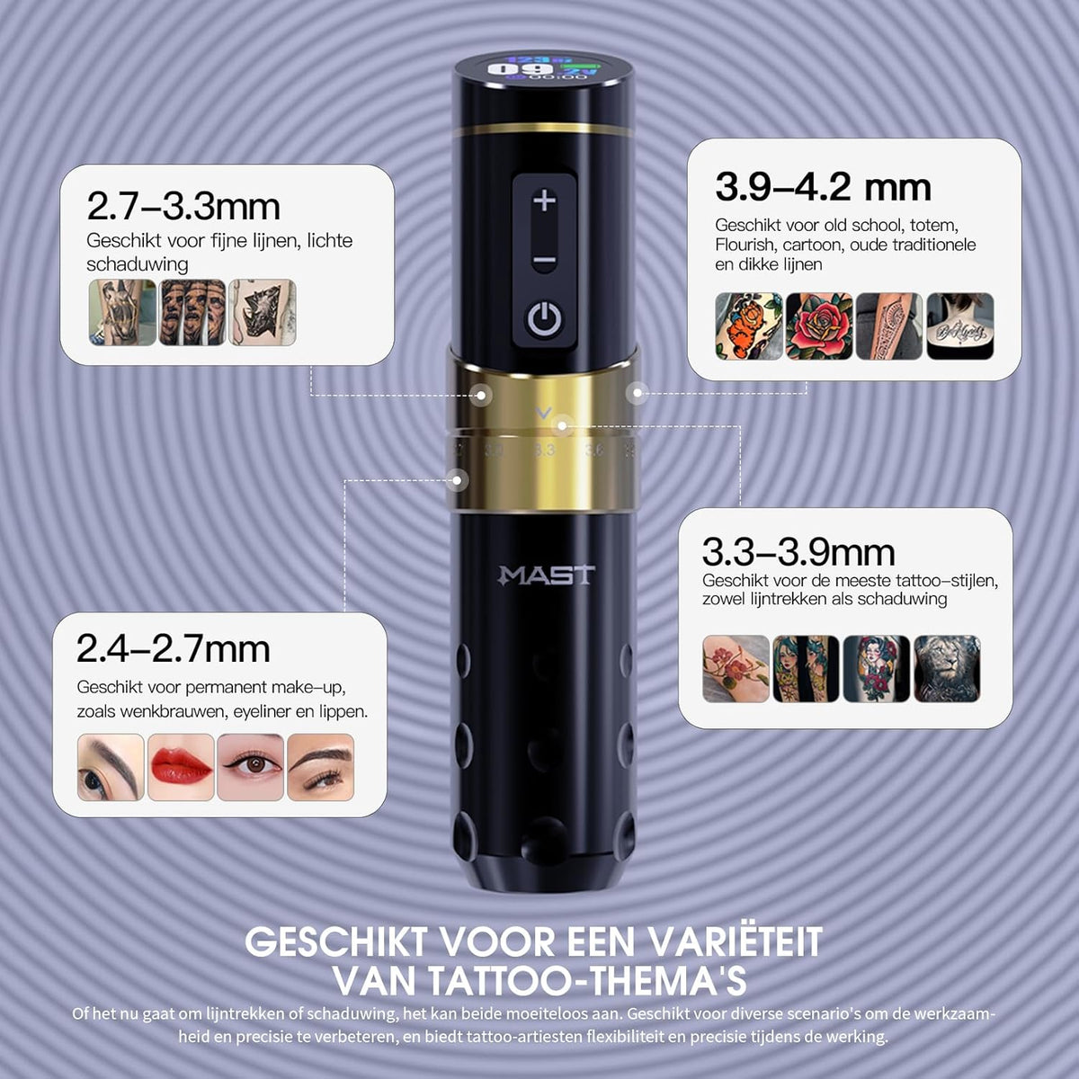 Draadloze Tattoo Machine – Tattoo Pen – Rotary Tattoo Machine – Tattoo Cartridge Machine – Tattoo Gun – Verstelbare Slaglengte 2.4-4.2 mm – 1800mAh Batterij met HD-Display