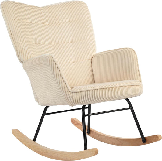 HOMCOM Rocking Chair with Corduroy Look Armrest Chair with Wooden Bases, Relax Chair for Living Room, Bedroom, Beige - QUORE