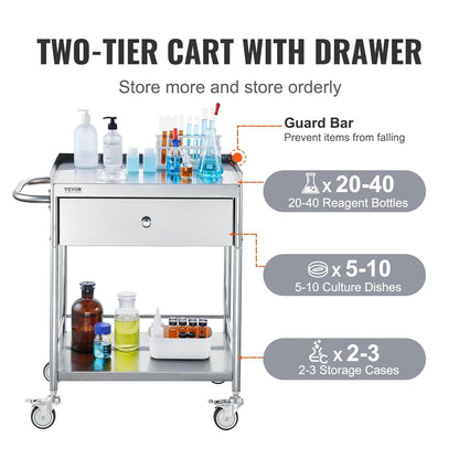 VEVOR 2 Tier Laboratory Cart, Medical Service Car, 71 x 42 x 78.5 cm, Stainless Steel, with Drawer, Load 100 kg, Silent Movement for Clinical Storage, Kitchen, Hotel,