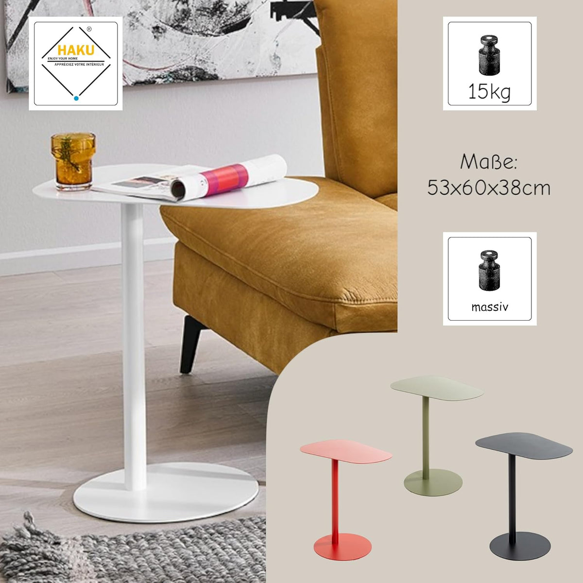 HAKU Bijzettafel wit, metaal - Maat: B 53 cm x H 60 cm x D 38 cm, Stijl: Modern
