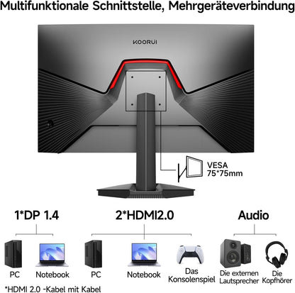 KOORUI 24 Zoll Gaming Monitor,Full HD 240Hz Bildschirm,24.5 1920 x 1080 Rapid IPS Panel,Oc to 260Hz,DisplayPort 1.4 & HDMI 2.0,HDMI 2.0 Cable,HDR400,Schwarz - QUORE