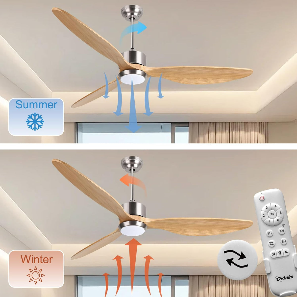 Ovlaim 165 cm Intelligente plafondventilator van massief hout met 3 bladen met licht en afstandsbediening, stille DC-motor met 6 snelheden voor woonkamer, slaapkamer