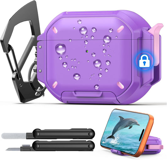 MoKo Case Compatible with AirPods Pro 3 Case with Secure Lock - IP68 Waterproof & Military-Grade Cover for iPods Pro 3, Protective Earpods Pro 3 Cover with Keychain, Phone Stand & Cleaner Kit, Purple