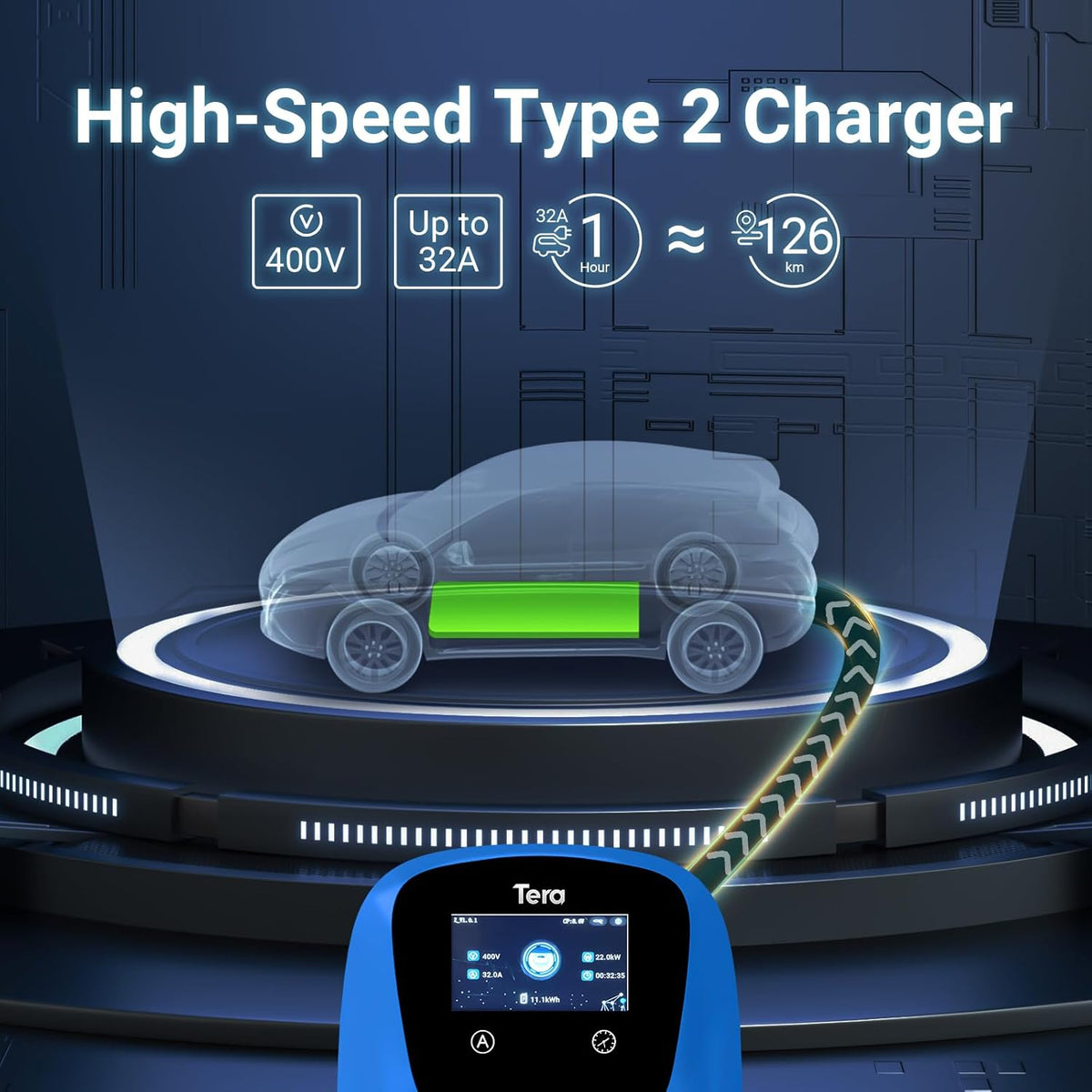Tera EV oplader Smart APP: 32A type 2 22kW of 11kW thuis laadstation 400V CE & TÜV Wallbox 7 m oplaadkabel met lader houder app-besturing CEE 3-fasen stekker voor alle EV's en PHEV's W01 blauw