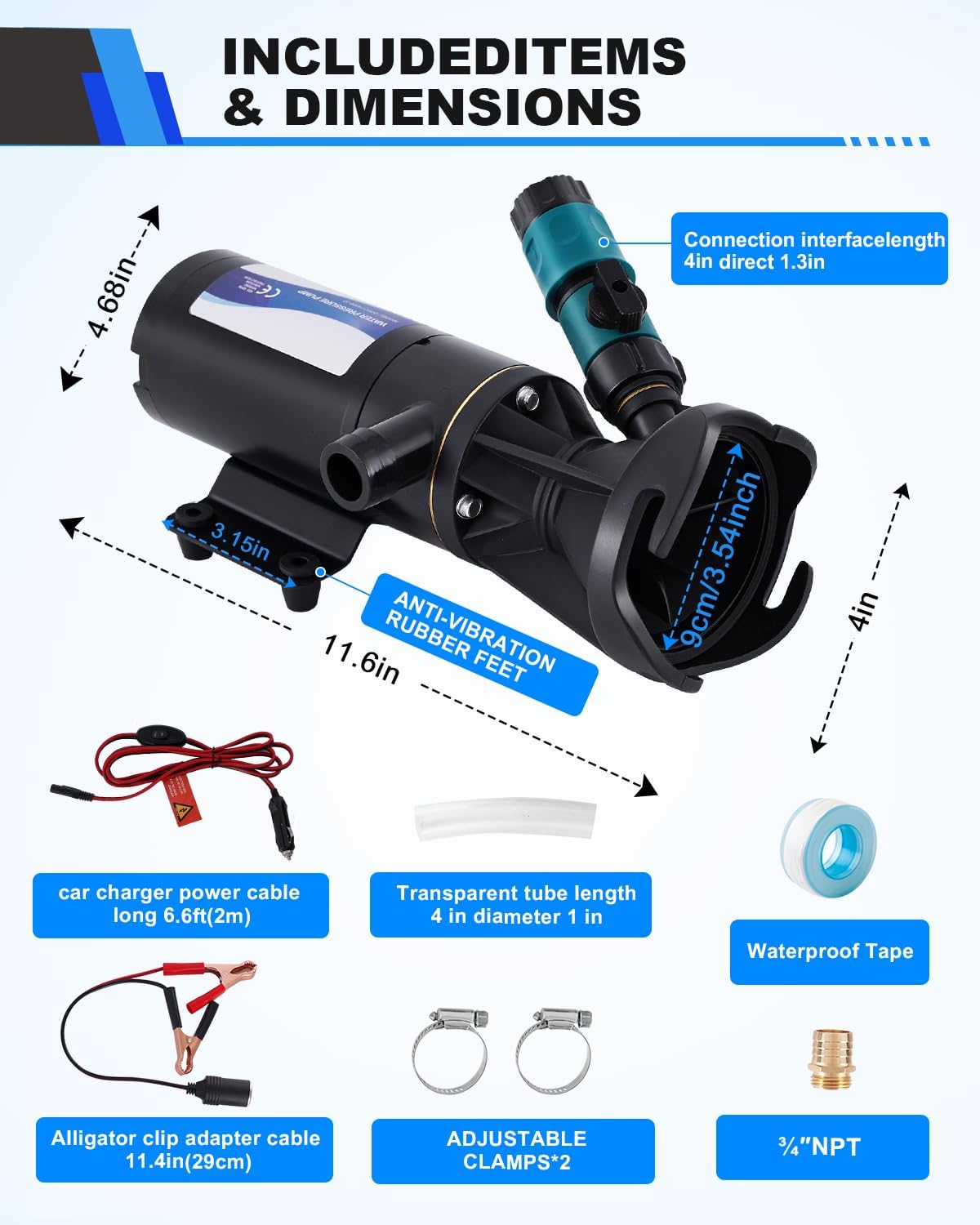 YUCHENGTECH 12V Afvalwaterpompen 12GPM Zelfaanzuigende Vuilwaterpompen,45 l/min 144 W, Fecaliënpomp 12V met Versnipperaar RV Versnipperingspomp voor Campers, Schepen, Jachten, Boten