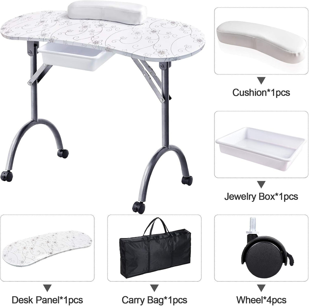 Kalolary manicure nageltafel, draagbaar opvouwbaar stationbureau Nagelkunst schoonheidstechnicus bureau met rollende wielen, draagtas, lade, spons (wit)
