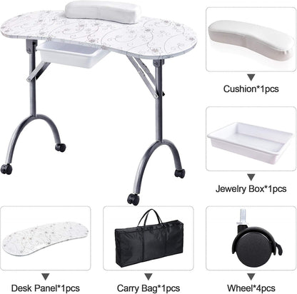 Kalolary manicure nageltafel, draagbaar opvouwbaar stationbureau Nagelkunst schoonheidstechnicus bureau met rollende wielen, draagtas, lade, spons (wit)