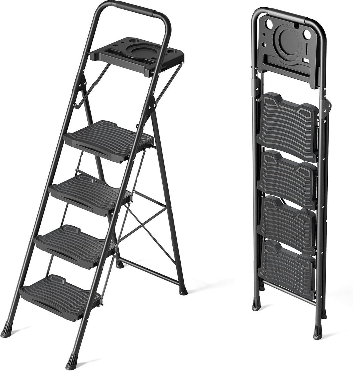 KINGRACK 4-traps ladder met gereedschapsbak, stabiele opstapkruk met leuning, brede antislip pedalen, opvouwbare opstapkruk voor thuis, garage, tuin, zwart