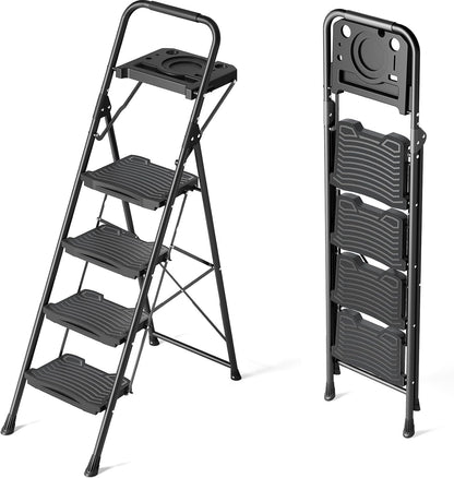 KINGRACK 4-traps ladder met gereedschapsbak, stabiele opstapkruk met leuning, brede antislip pedalen, opvouwbare opstapkruk voor thuis, garage, tuin, zwart