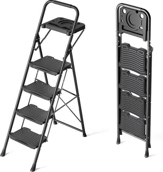 KINGRACK 4-traps ladder met gereedschapsbak, stabiele opstapkruk met leuning, brede antislip pedalen, opvouwbare opstapkruk voor thuis, garage, tuin, zwart