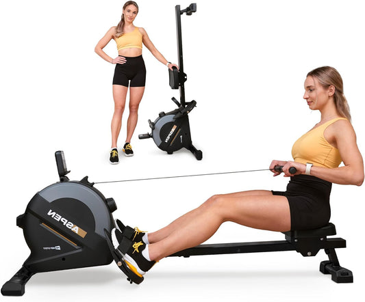 Hop-Sport Foldable Rowing Machine HS-080R Aspen, 16 Levels Magnetic Resistance up to 30 kg, Multifunctional LCD Screen, Tablet Holder, Load Capacity 120 kg, Gold - QUORE