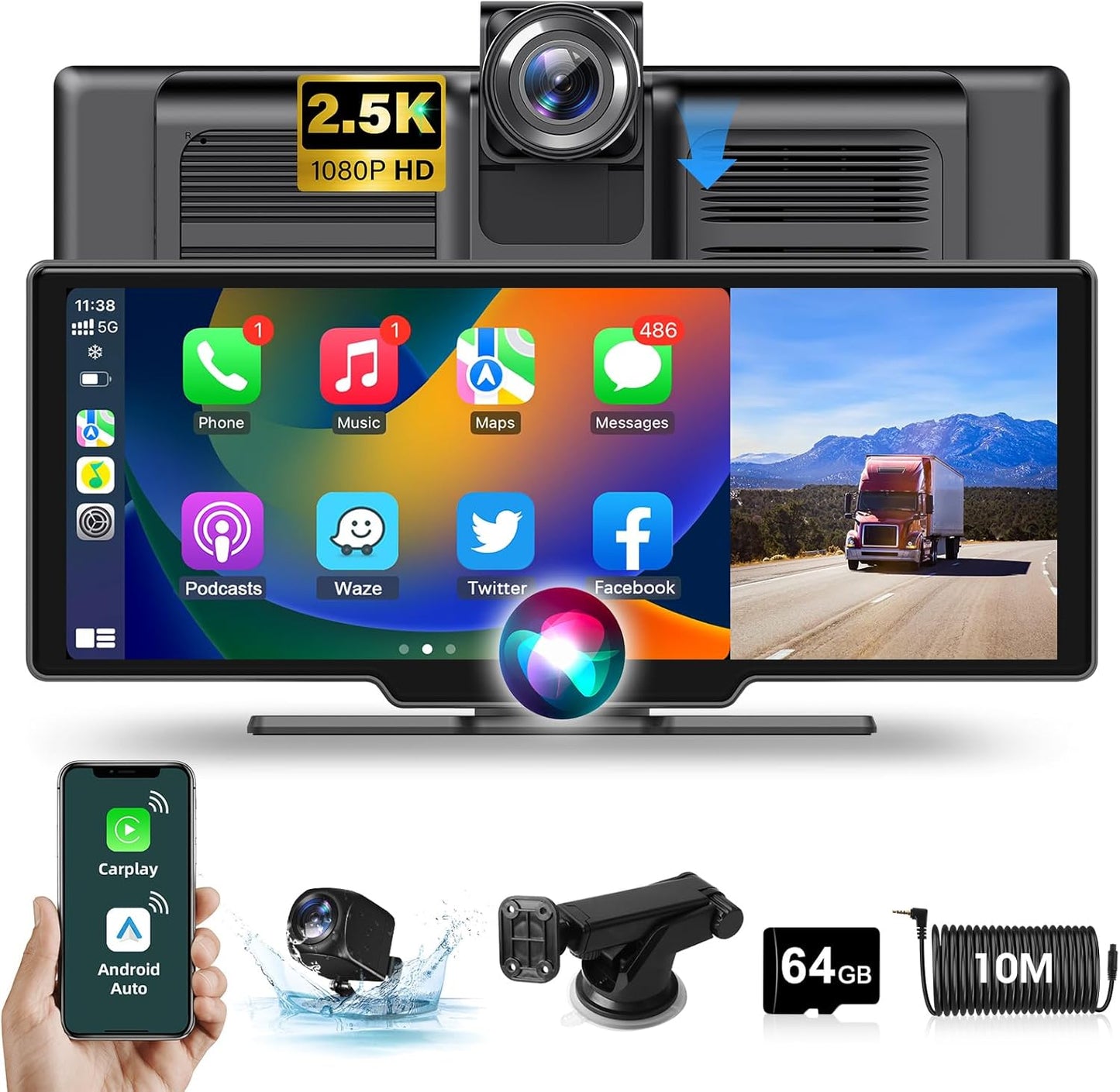 Draadloos Apple Carplay Display – Android Auto Scherm – Auto Infotainmentsysteem – Touchscreen Navigatie – Dashcam Voor en Achter – 10,26 Inch HD IPS – 2,5K Frontcamera & 1080p Achteruitrijcamera – Bluetooth 5.0 & 64GB TF-kaart
