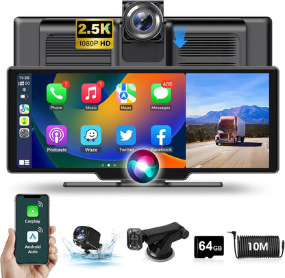 Draadloos Apple Carplay Display – Android Auto Scherm – Auto Infotainmentsysteem – Touchscreen Navigatie – Dashcam Voor en Achter – 10,26 Inch HD IPS – 2,5K Frontcamera & 1080p Achteruitrijcamera – Bluetooth 5.0 & 64GB TF-kaart