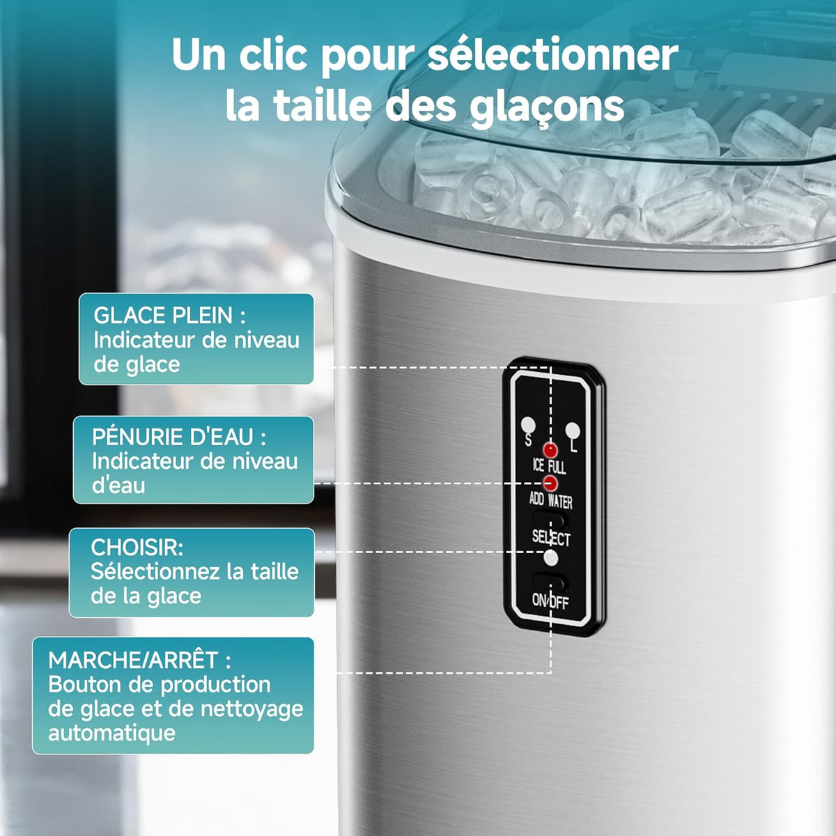 EUHOMY Compacte ijsblokjesmachine, 9 ijsblokjes klaar in 6 minuten, 12 kg/dag, zelfreinigend, met draaggreep, mand en schep, 2 ijsblokjesmaten, voor thuis, keuken, kantoor, zilver