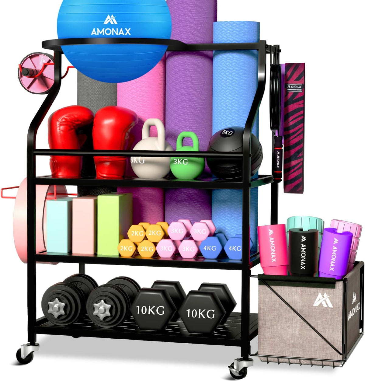 Amonax Home Gym Opslag Halterrek, Gewichtsstandaard Kettlebell Rack Yoga Mat Houder Rack voor Barbell Pad Weerstandsband Foam Roller, Fitness Accessoires Organizer Workout Apparatuur voor Vrouwen