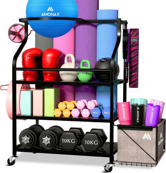Amonax Home Gym Opslag Halterrek, Gewichtsstandaard Kettlebell Rack Yoga Mat Houder Rack voor Barbell Pad Weerstandsband Foam Roller, Fitness Accessoires Organizer Workout Apparatuur voor Vrouwen