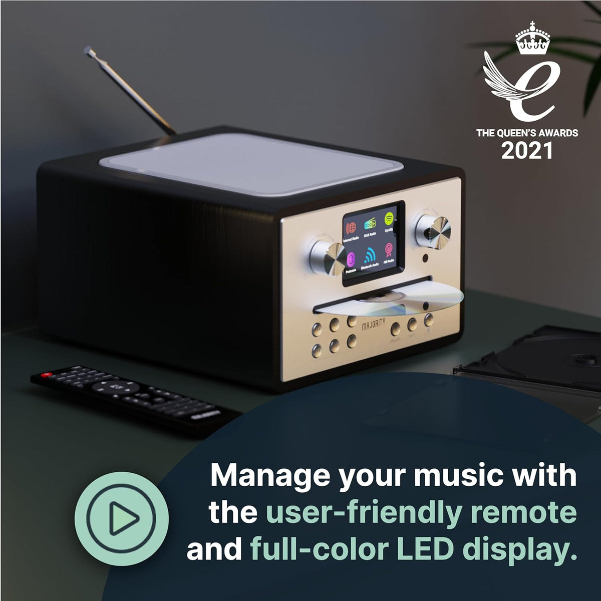MAJORITY Homerton 2 Smart Internet, DAB, FM-radio en cd-speler, 40 radiovoorinstellingen, Bluetooth en universele plug-and-play, Spotify & Podcasts, USB-weergave, dubbel alarm (Black)