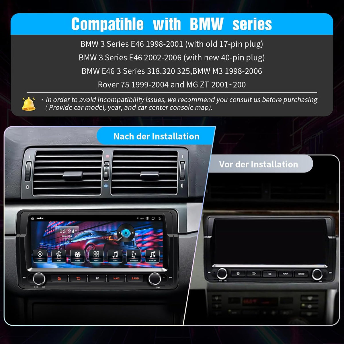 8,8'' Android 14 autoradio voor BMW E46 M3 / Rover 75 / MG ZT | 1-DIN in-dash radio met draadloos CarPlay & Android Auto | 4G LTE internet | 4GB RAM 64GB | GPS-navigatie | HD IPS touchscreen