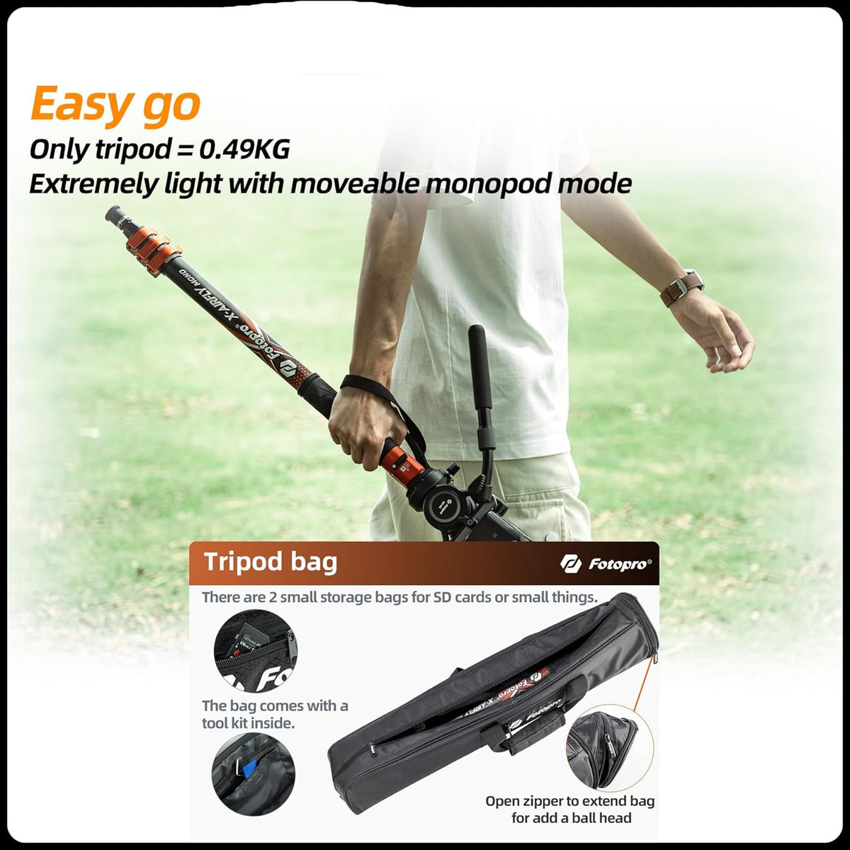 Fotopro 73-Inch Koolstofvezel Monopod met Pedaal en Voeten - 3-in-1 Professionele Carbon Fiber Travel Kit, Max 22 lbs voor DSLR Camera Stabilizer Videografie, Grijs