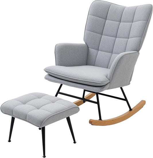 HOMCOM Rocking Chair Rocking Chair with Footstool, Armchair, Lounge Chair with Linen Look Rocking Chair up to 130 kg Load Capacity for Bedroom, Living Room, Light Grey - QUORE