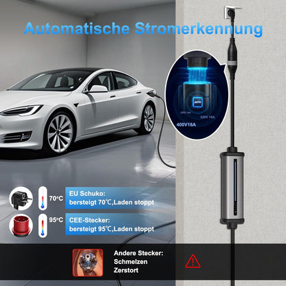GONEO Mobile Wallbox 11 kW laadstation, 3-fasig, 8-16 A instelbaar, met timer 2-8 uur, oplaadkabel type 2 naar CEE-stekker en Schuko stekker (7 m), IP66 bescherming, EV oplader voor model Y/3 en