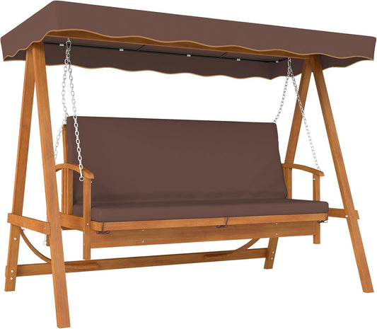 Outsunny 2-in-1 Swing Seat with Reclining Function, 3 Seater Wooden Swing with Sun Canopy, Seat Cushion, Swing up to 330 kg for Garden, Patio, 235 x 130 x 181 cm, Brown - QUORE
