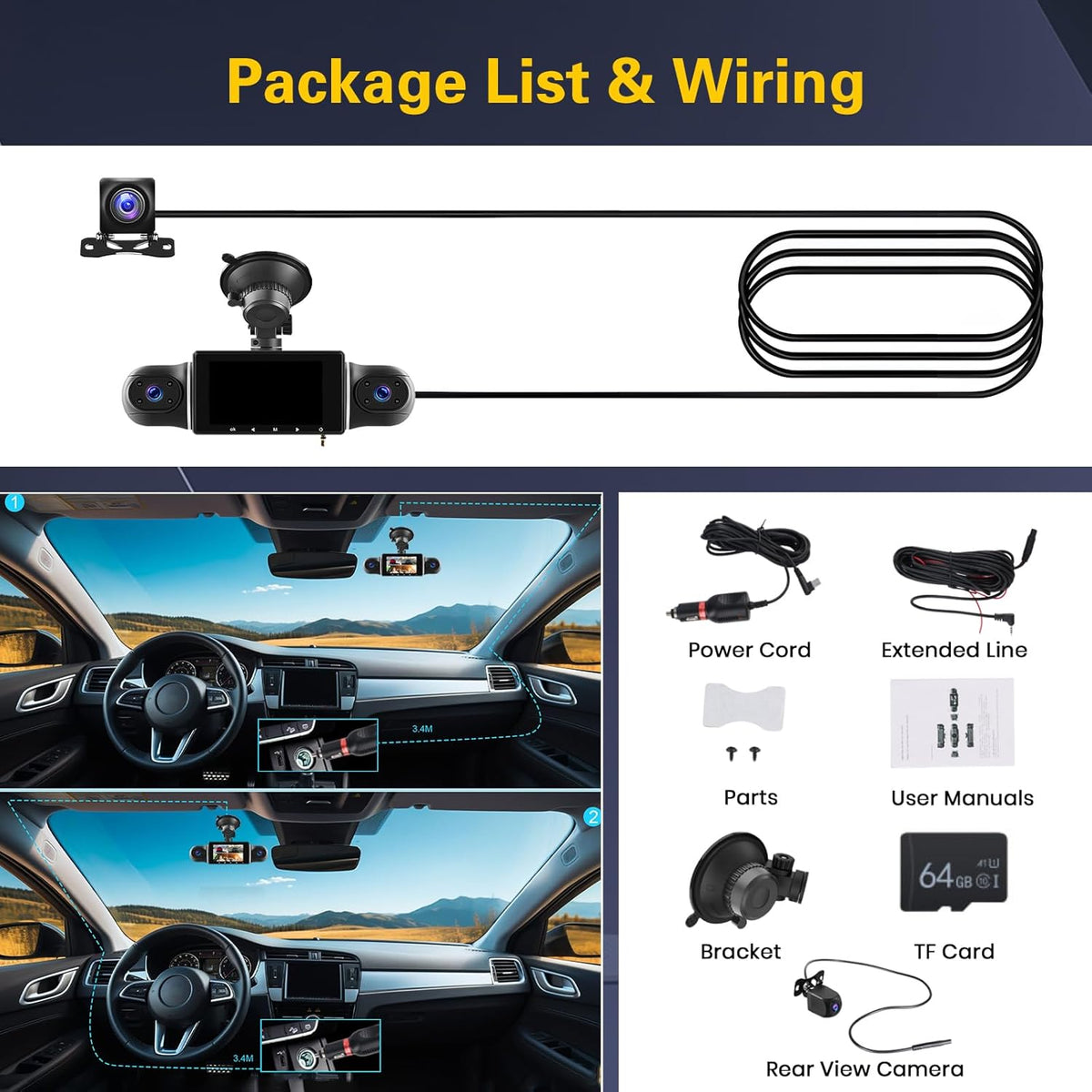 Dashcam – Autocamera – Rijcamera – Auto DVR – Autorecorder – 1080P 4-Kanaals 360° Groothoek – WiFi & App-Bediening Met 64 GB SD-Kaart