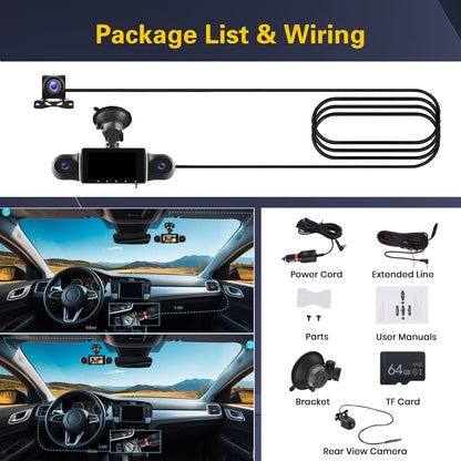 Dashcam – Autocamera – Rijcamera – Auto DVR – Autorecorder – 1080P 4-Kanaals 360° Groothoek – WiFi & App-Bediening Met 64 GB SD-Kaart