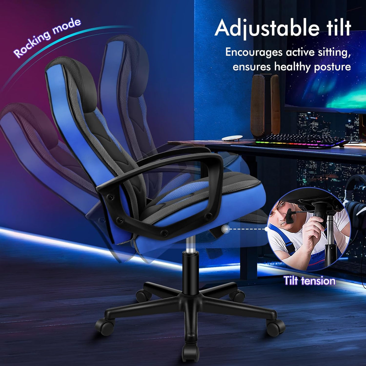 ALFORDSON Gamingstoel, PC-computer racestoel, ergonomische draaibare bureaustoel met wielen, gemaakt van PU-leer en stof, blauw